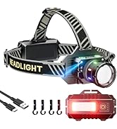 Rechargeable Headlamp 2000 High Lumens with Motion Sensor,90° Adjustable Super Bright LED Head La...