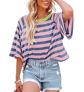 Dokotoo Tops for Women Striped 2026 Fashion T Shirts for Women Color Block Crewneck Design Loose ...