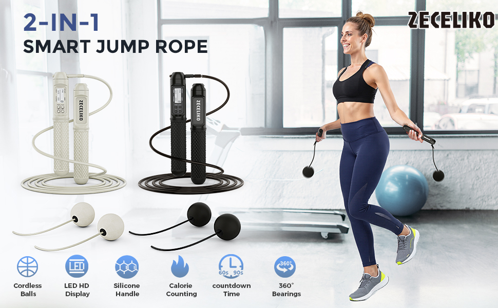 Smart Jump Rope with LED Display and Jump Counter, Weighted Cordless Design