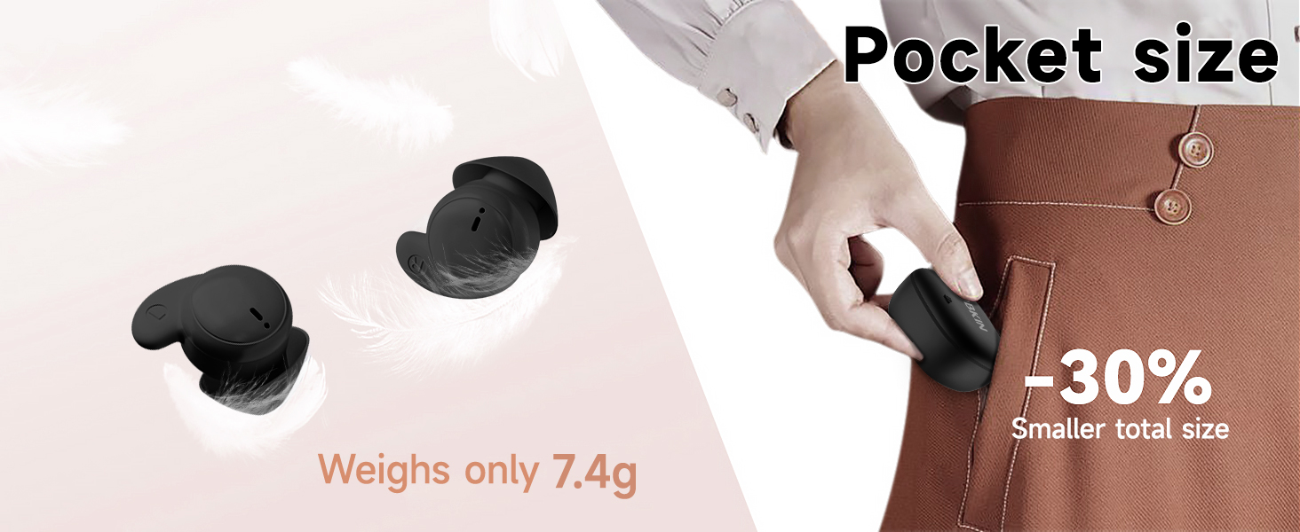 Product comparison showing 7.4g weight specification and 30% size reduction,