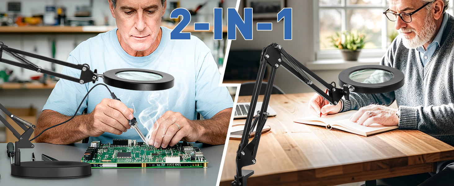 2-in-1 base and clamp magnifying glass with light lighted magnifying glass magnifier