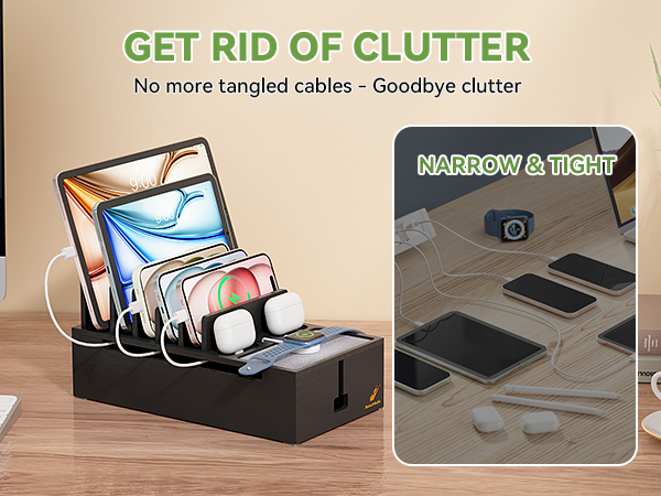 Pezin & Hulin Bamboo Charging Station Organizer for Multiple Devices Desktop Docking Charging Stand