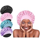4Pcs Silk Satin Hair Bonnets for Sleeping - Elastic Wide Band Satin Hair Wrap for Sleeping Black ...