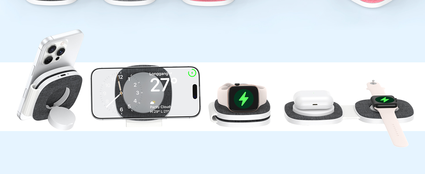 Series of icons showing smart device features including volume controls, camera settings, and headphone connectivity options. White icons on light blue background.