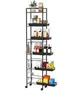 6 Tier Slim Storage Cart with Pull-Out Baskets Rolling Cart with Wheels Wood Top Narrow Utility C...