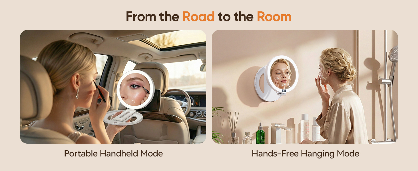 Travel mirror used as handheld in car and hanging hands free on bathroom wall hook