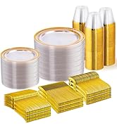 WELLIFE 600 PCS Clear Gold Disposable Dinnerware Set for 100 Guests, Clear and Gold Plastic Plate...