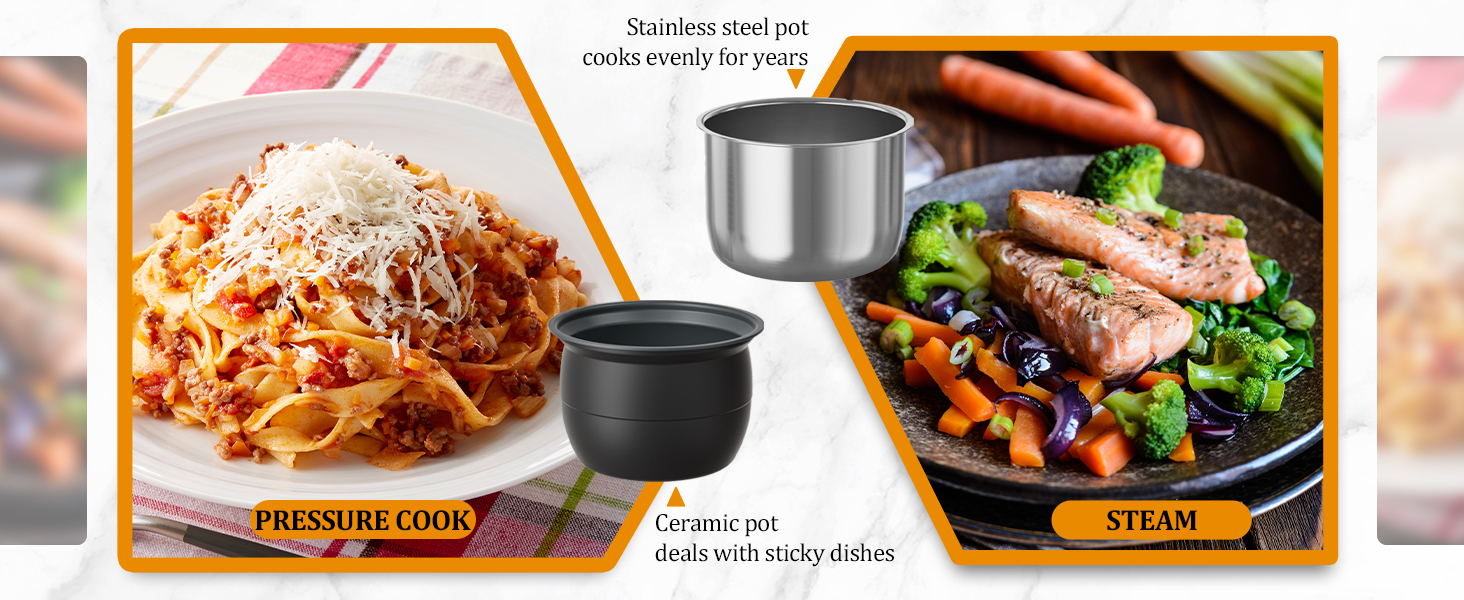 Ceramic pot conquers sticky disasters while stainless steel poy maintains perfect heat for decades