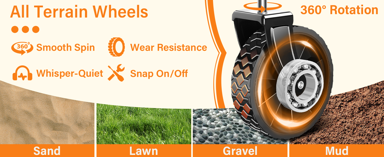 360° rotating all-terrain wheels for smooth, quiet movement on sand, lawn, gravel, and mud.
