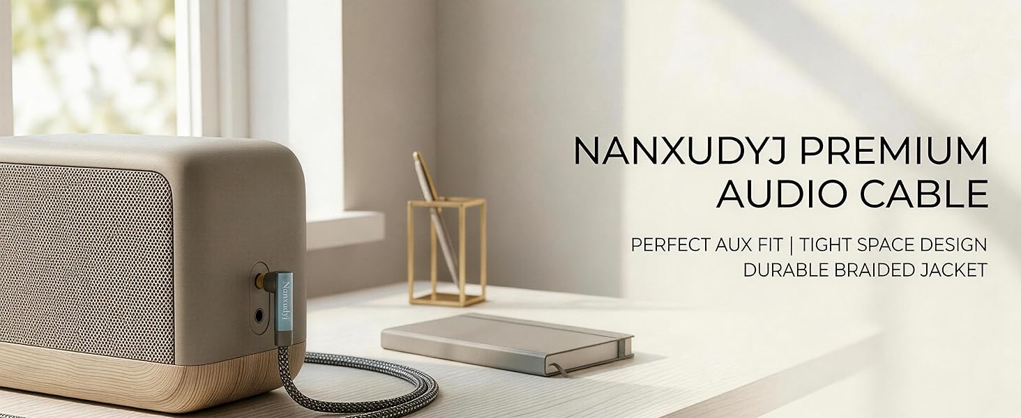 3.5mm right angle aux cable connected to home speaker and laptop for minimalist setup.