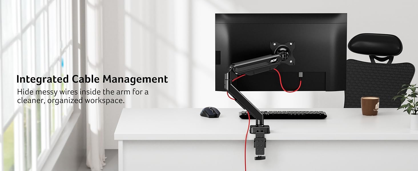 Text reads "Integrated Cable Management". Series of images showing cable management solutions and organization systems in an office setting.