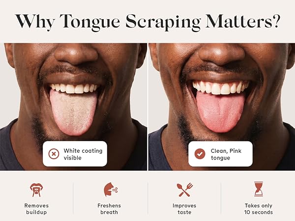 Smiling man showing his tongue before and after scrapping it with Arista’s copper tongue cleaner