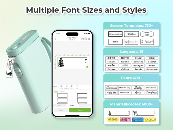 Mockup of a label maker app interface showcasing multiple font sizes, styles, and templates.