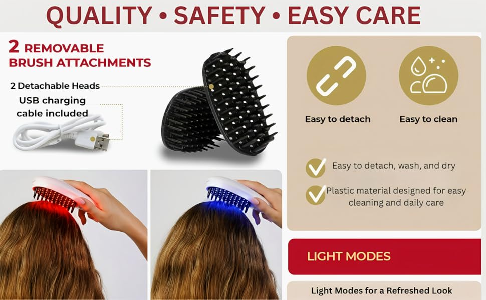 Electric scalp care brush with detachable heads, easy cleaning design, and light modes