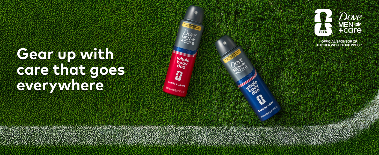 FIFA &amp;amp; Dove Men+Care logos, grass, text &amp;amp; 2 Whole Body Deo sprays (Vanilla + Cocoa, Bamboo + Aloe).