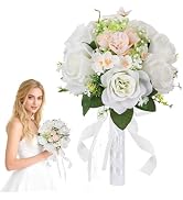 Qeedy Wedding Bouquet for Bride – 8 Inch Artificial Silk Roses, Realistic Bridal &amp; Bridesmaid Bou...