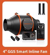 Black cylindrical inline fan with orange accents. Features 4-inch diameter, GGS Smart branding, and includes remote control and mounting straps.