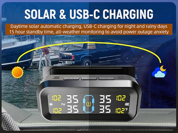 Tire Pressure Monitoring System with Solar &amp; USB Charger-TPMS with 4 External Sensors &amp; 6 Alarm Mode
