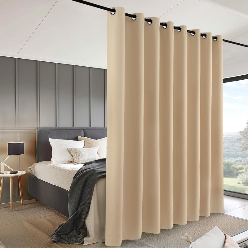 Room Divider Curtain for Sliding Glass Door, Privacy Wall Divider for Bedroom Partition Wide Curtains for Patio Door Room Darkening Grommet Drapes, 1 Panel, Beige, W180Xl96