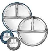 BUSOHA 2 Pack Stainless Steel Kids Plate with Suction - 9” Divided Toddler Baby Plates with Silic...