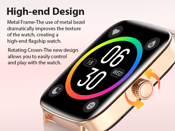 Rose gold smart watch for women with a metal frame and rotating crown for easy navigation