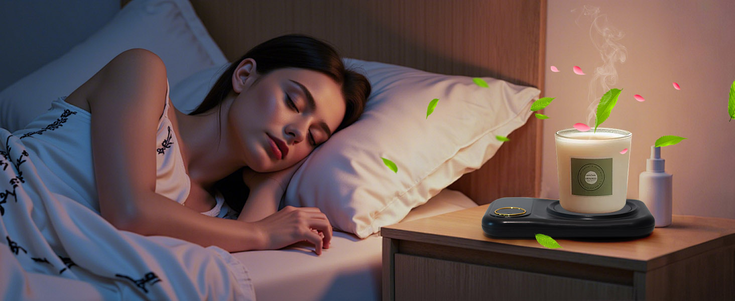 Night scenes showing glowing device on bedside table next to sleeping areas. Ambient lighting effect in darkened room settings.