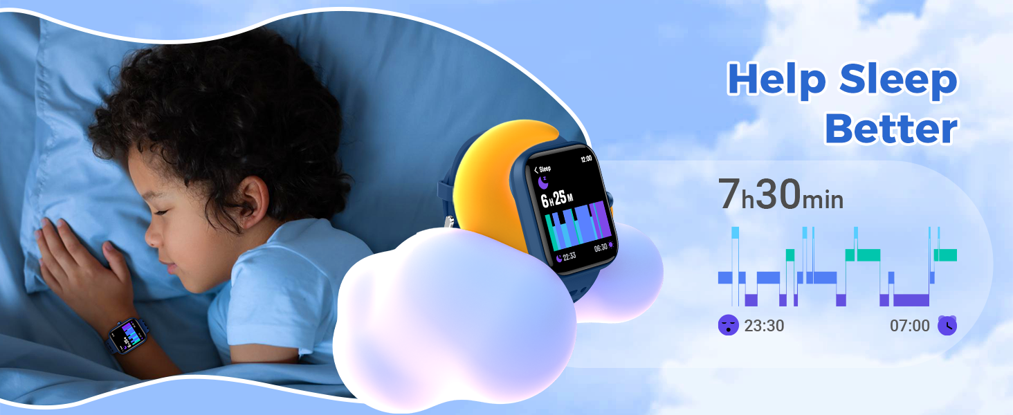 Smartwatch displaying sleep data next to sleeping child. Moon-shaped night light. Text reads 'Help Sleep Better' with graph showing 7h30min sleep duration from 23:30 to 07:00.