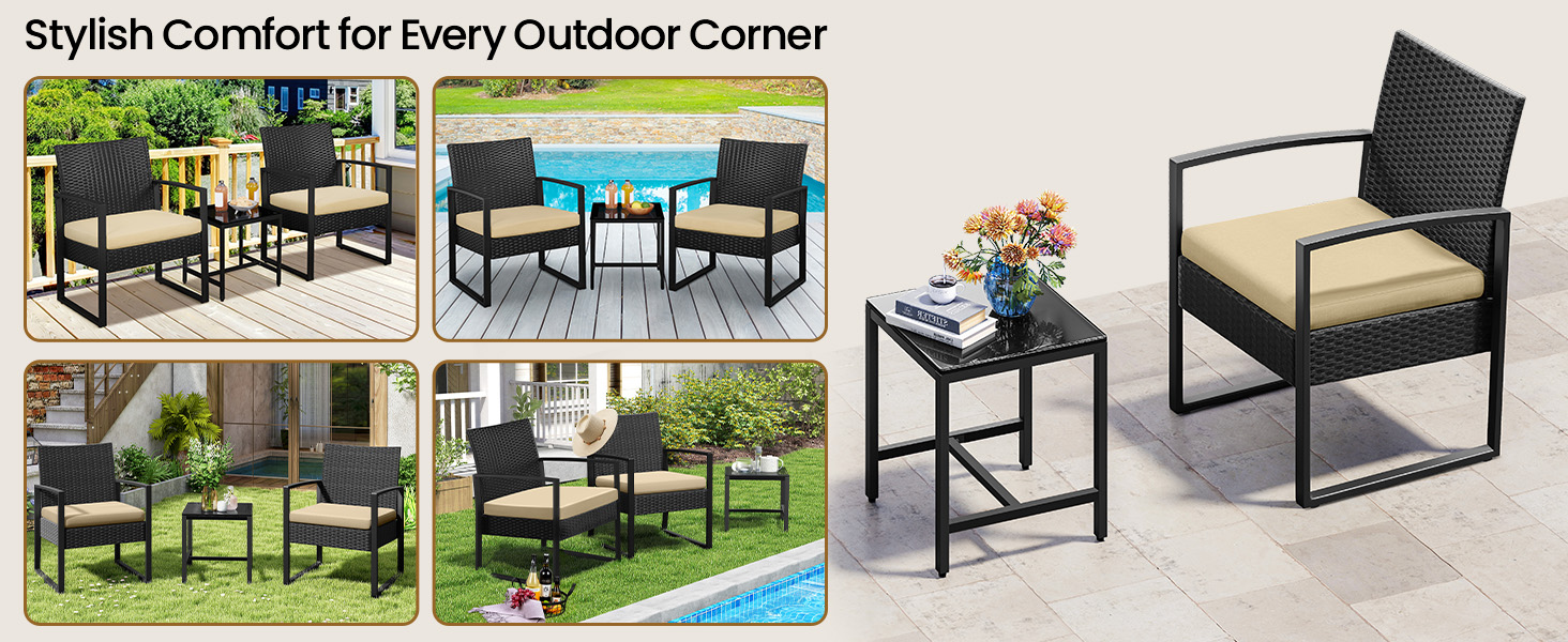 3-Piece Patio Set Rattan Chairs &amp; Table 