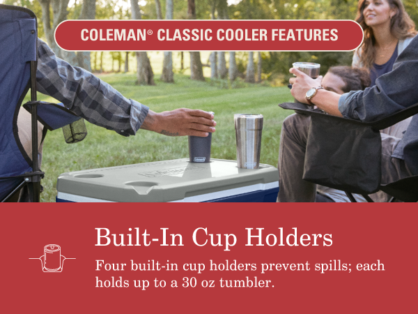 coleman classic cooler feature built in cup holders prevent spills friends camp drink tumbler nice
