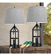 BesLowe 2-Light Farmhouse Rustic Touch Table Lamps Grey, 3-Way Dimmable Bedside Lamps with 2 USB ...