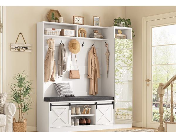 Hall Tree with Bench and Shoe Storage Entryway with Tall Mirror Farm House Barn Door