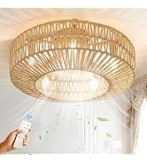 DRAWNCAT 20 Inch Boho Low Profile Ceiling Fan with Soft Yellow Light, Handwoven Rattan &amp; Hemp Des...
