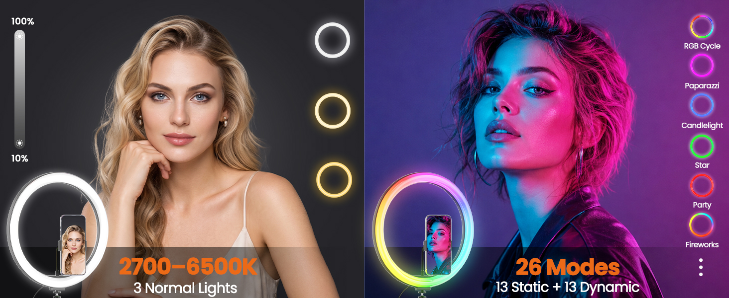12-inch ring light shows 2700K-6500K white light and 26 RGB modes for portraits and creative videos