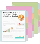 V-Opitos 5-tab Index Dividers with 3 Holes Punched, Set of 3 Plastic Dividers with Clear Front Po...