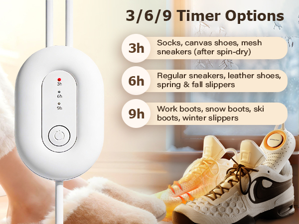 Text reads '3/6/9 Timer Options' with three time settings: '3h Sports shoes', '6h Regular sneakers', and '9h Work boots'. Shows circular device with timer interface.