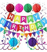 KAWKALSH Happy Birthday Banner with Colorful Paper Flag Bunting Paper Circle Confetti Garland Swi...