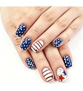 4th of July Press On Nails Short Square, Patriotic Fake Nails, Red White Blue Acrylic Glue On Nai...