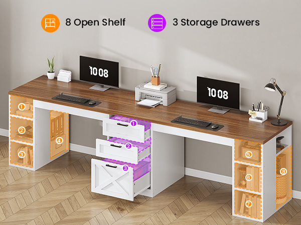 Computer Desk with Drawers, 2 Person Home Office Desk