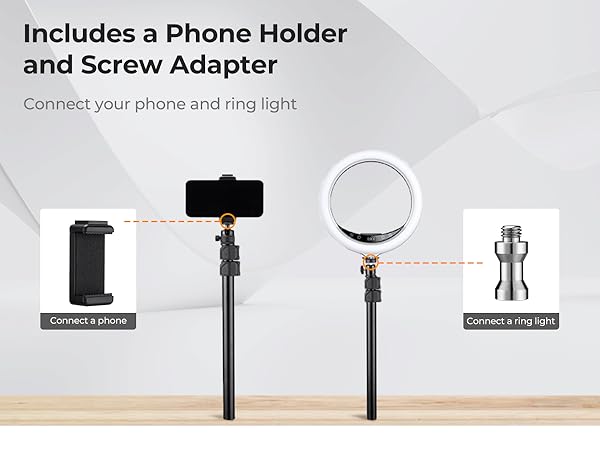 Text reads 'Includes a Phone Holder and Screw Adapter', 'Connect your phone and ring light'. Product layout showing ring light components and mounting accessories.