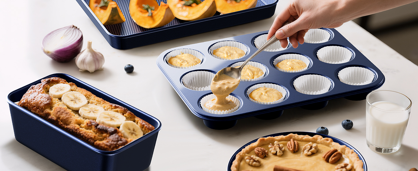 Baking tray set includes cookie slices with baking pan, cake pan, baking pan, muffin tin