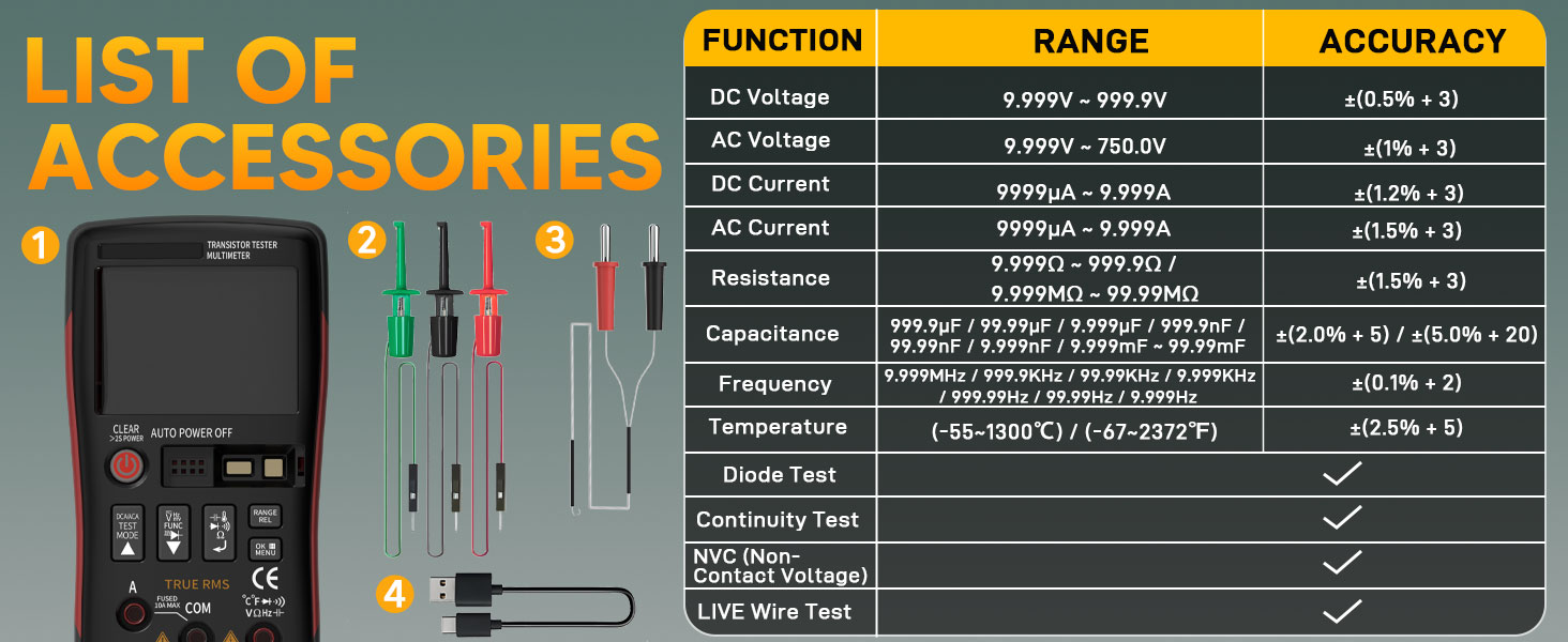 Multimeter With Transistor Tester, 9999 Counts TRMS