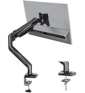 Adjustable monitor mount with multiple articulating arms shown from different angles, featuring desk clamp mounting system and various positioning options.