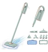 Cordless stick vacuum cleaner in mint green with multiple attachments. Features extendable handle, various brush heads, and storage bag. Illustrated with blue cleaning lines beneath main floor head.