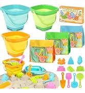 Dreamon Beach Toys for Kids 3-10, Collapsible Sand Toys Include 3 Pack Foldable Buckets with Mesh...