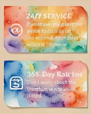 Text reads '24/7 SERVICE' and '365 Day Backing'. Series of watercolor gradient banners in pink, orange, blue and purple tones with overlaid white text.