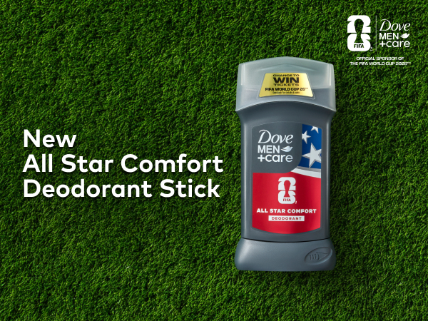 Top view of a soccer field with a Dove Men+Care All Star Comfort Deodorant Stick, next to text.
