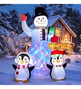8 FT Christmas Inflatables Snowman with Penguins Built-in Rotating Colorful LED Lights Christmas ...