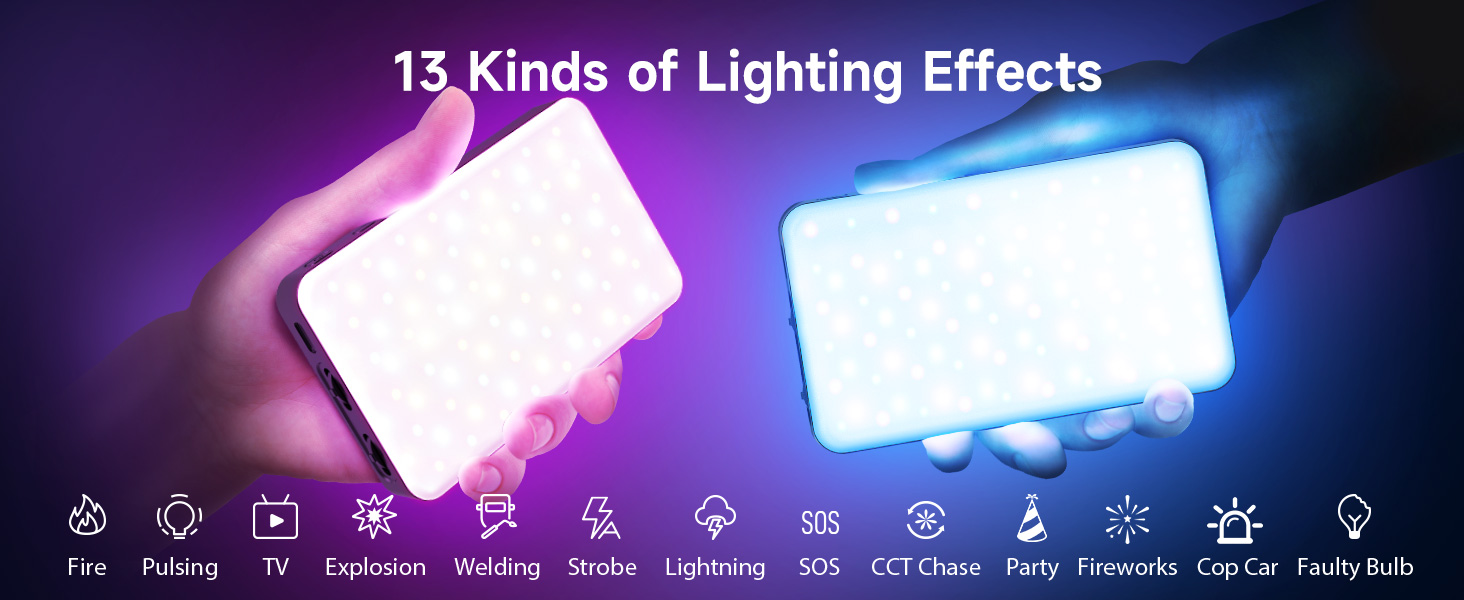 Rectangular LED light panel displaying 13 different lighting effects, shown with mode icons below. Features purple and blue illumination demonstration.
