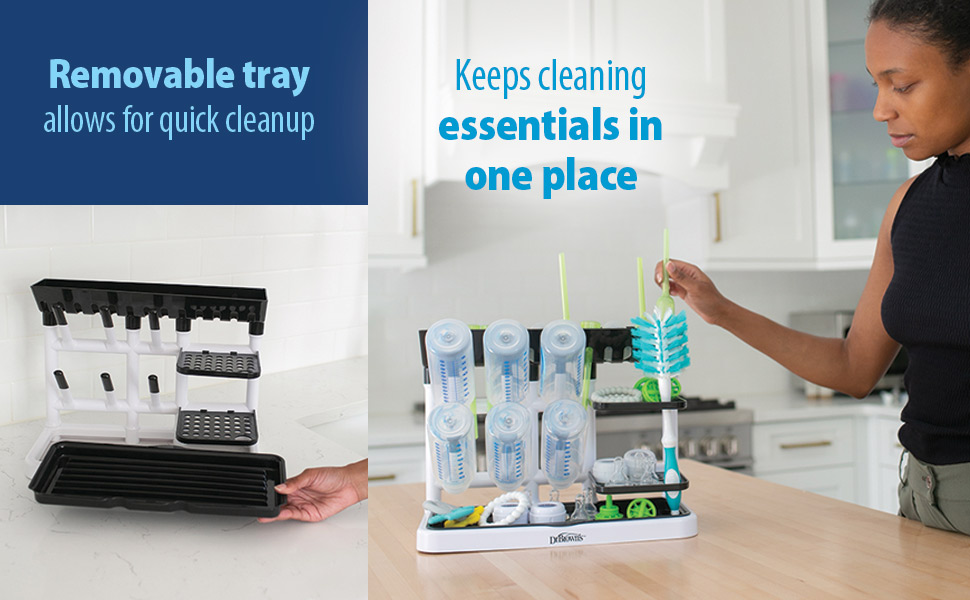 Removable tray allows for quick cleanup. Keeps cleaning essentials in one place
