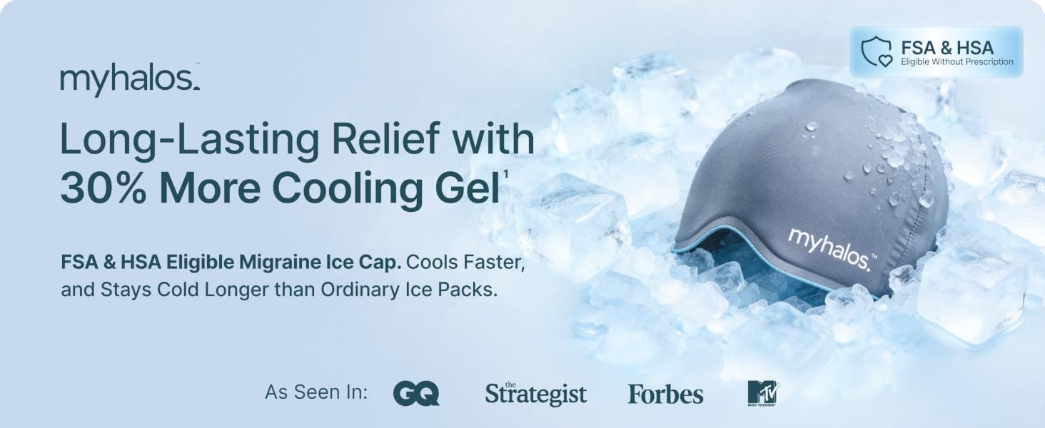 Text reads 'my.haleo: Long-Lasting Relief with 30% More Cooling Gel' against light blue background with droplet illustration.